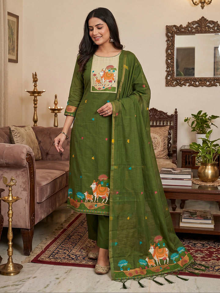 Mehndi Muga Cotton Woven Design Unstitched Dress Material