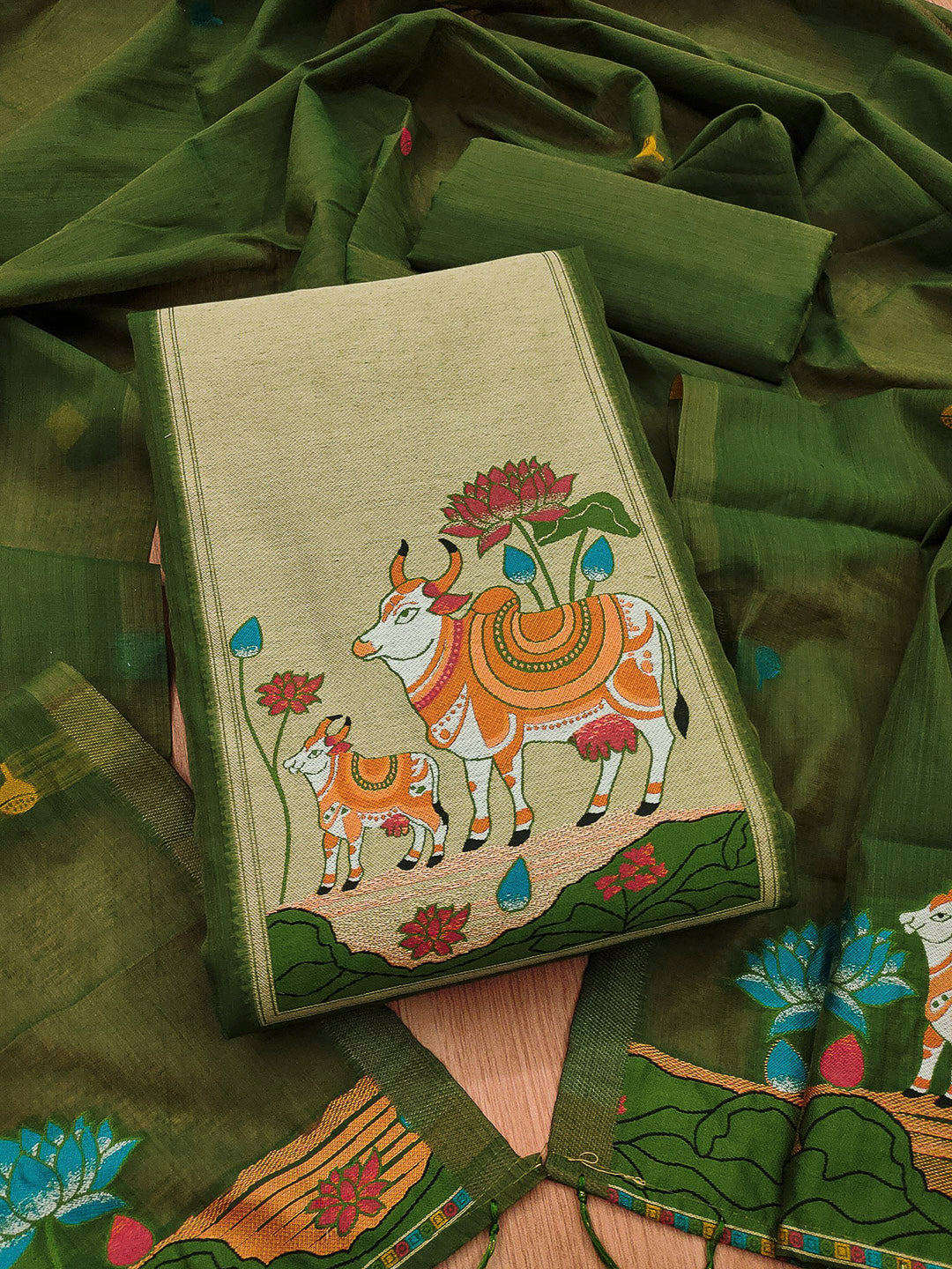 Mehndi Muga Cotton Woven Design Unstitched Dress Material