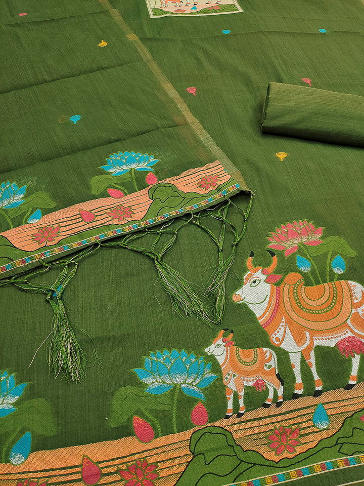 Mehndi Muga Cotton Woven Design Unstitched Dress Material