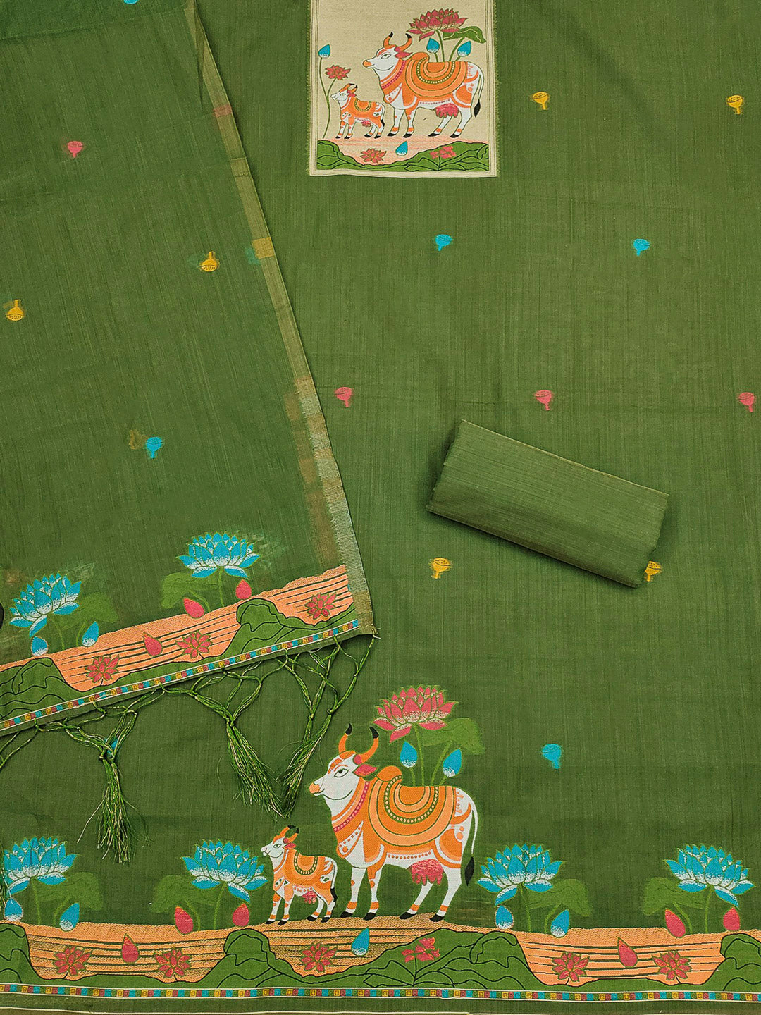 Mehndi Muga Cotton Woven Design Unstitched Dress Material