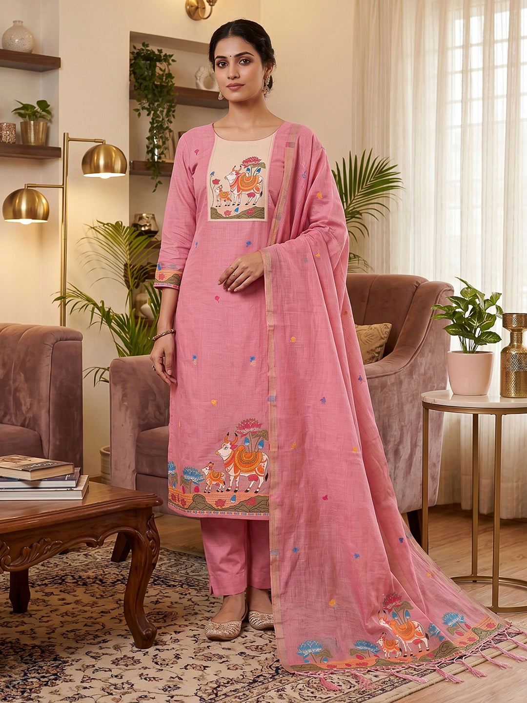 Pink Muga Cotton Woven Design Unstitched Dress Material