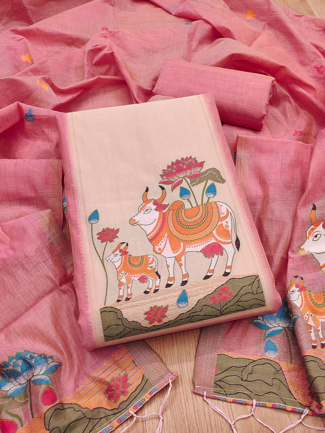 Pink Muga Cotton Woven Design Unstitched Dress Material