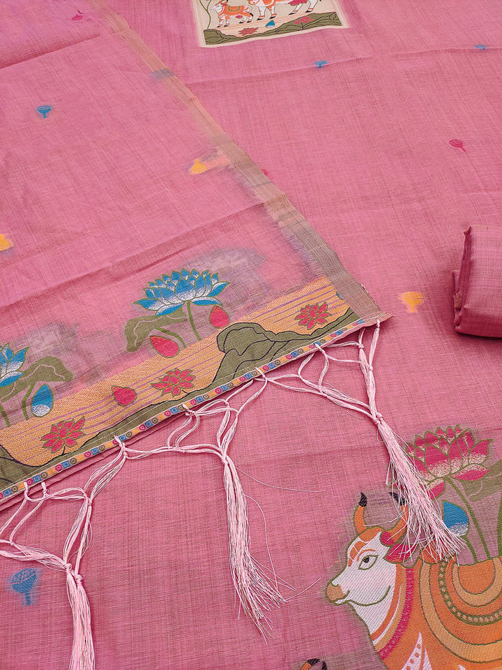 Pink Muga Cotton Woven Design Unstitched Dress Material
