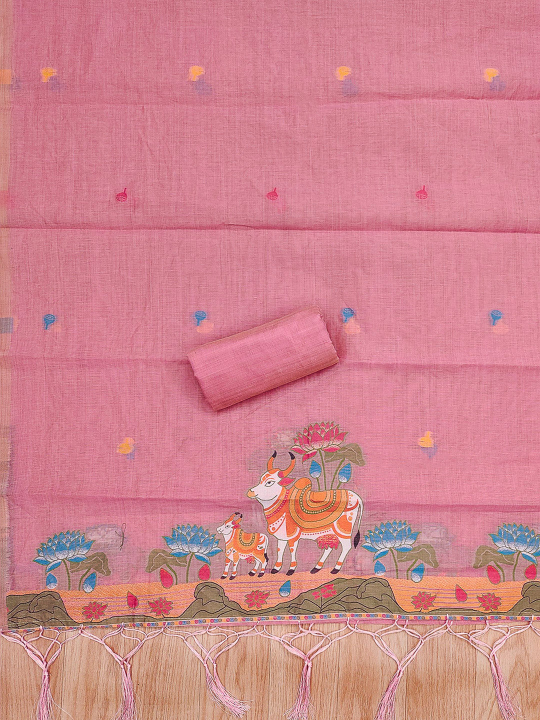 Pink Muga Cotton Woven Design Unstitched Dress Material