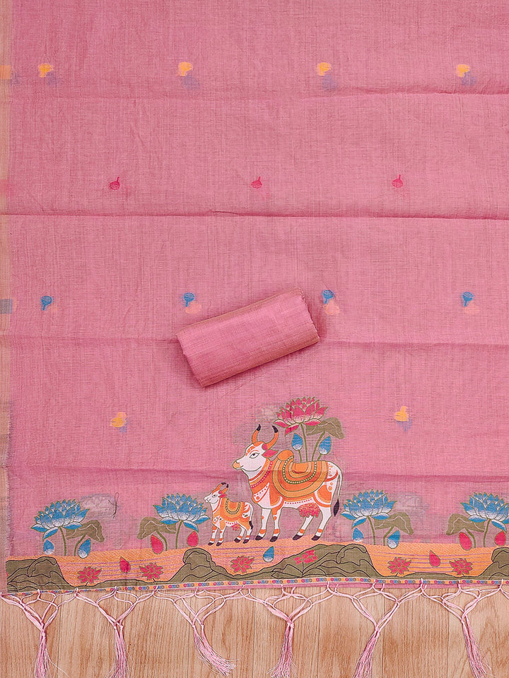 Pink Muga Cotton Woven Design Unstitched Dress Material