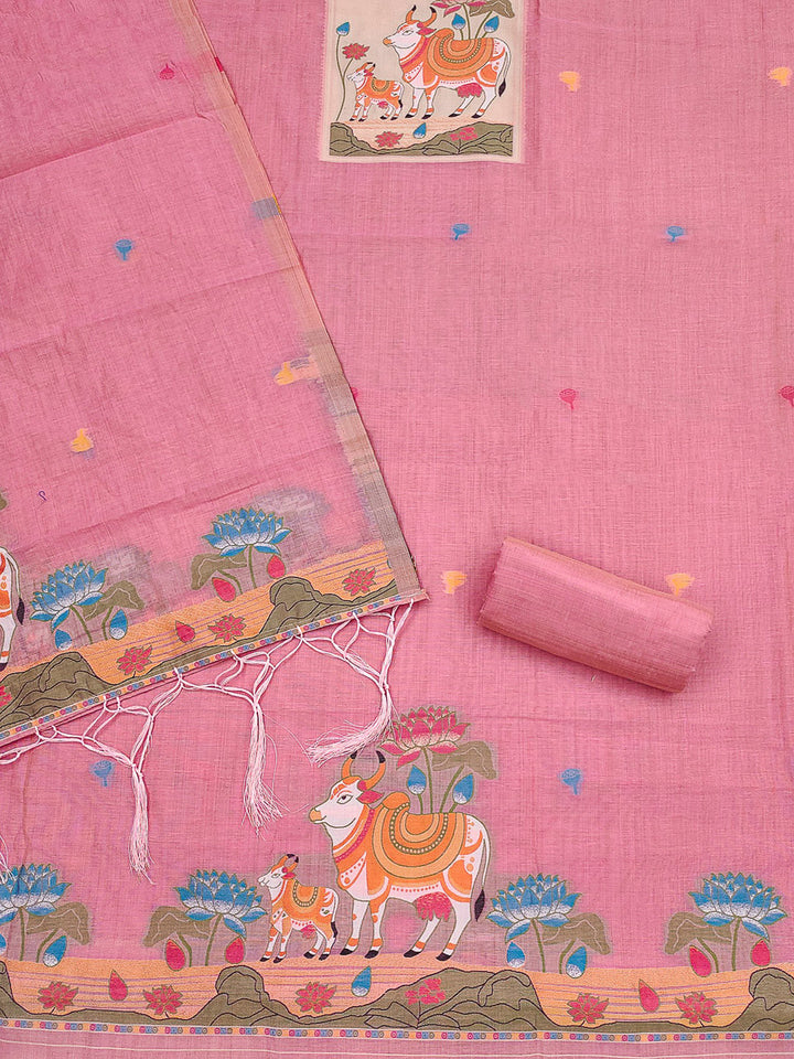 Pink Muga Cotton Woven Design Unstitched Dress Material