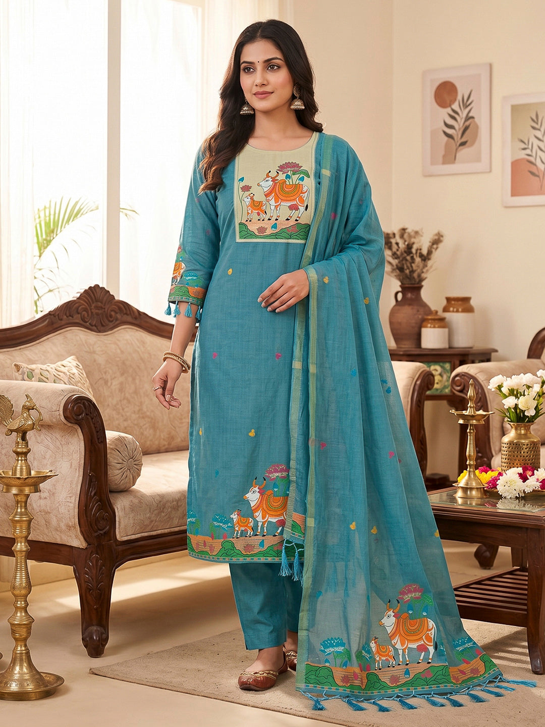 Sky-Blue Muga Cotton Woven Design Unstitched Dress Material