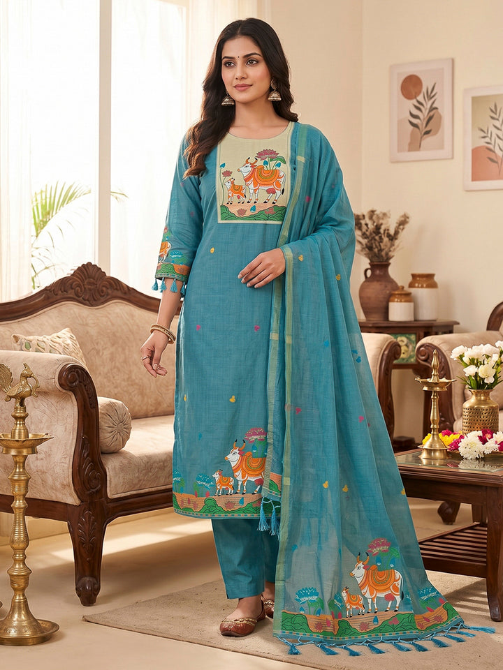 Sky-Blue Muga Cotton Woven Design Unstitched Dress Material