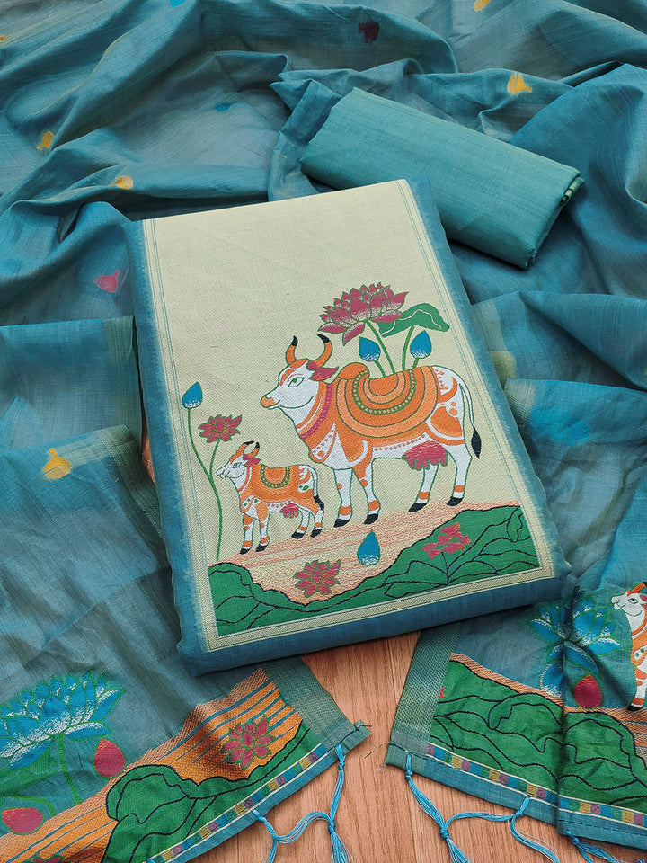 Sky-Blue Muga Cotton Woven Design Unstitched Dress Material