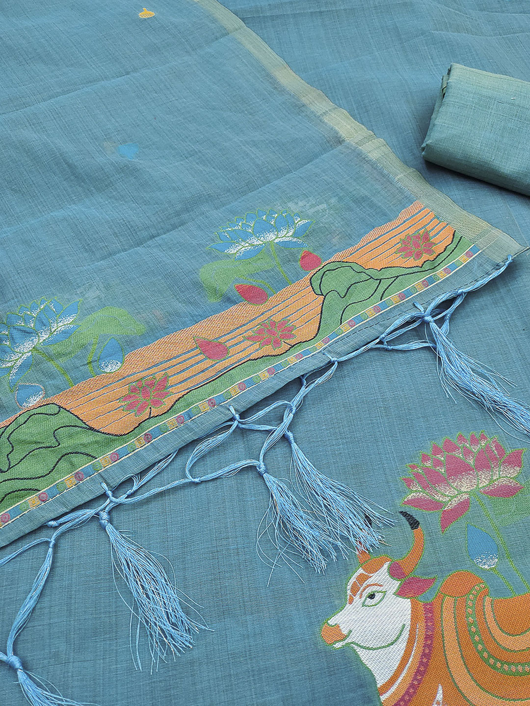 Sky-Blue Muga Cotton Woven Design Unstitched Dress Material
