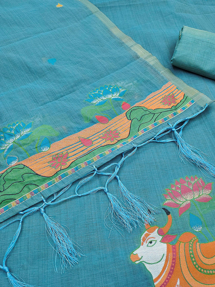 Sky-Blue Muga Cotton Woven Design Unstitched Dress Material
