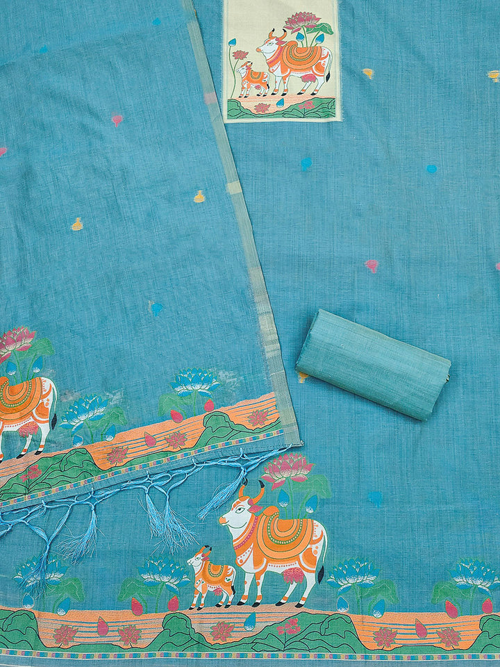 Sky-Blue Muga Cotton Woven Design Unstitched Dress Material