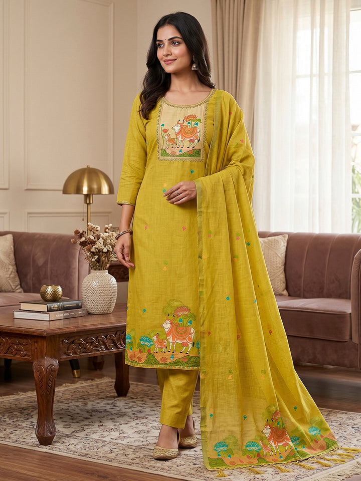 Yellow Muga Cotton Woven Design Unstitched Dress Material