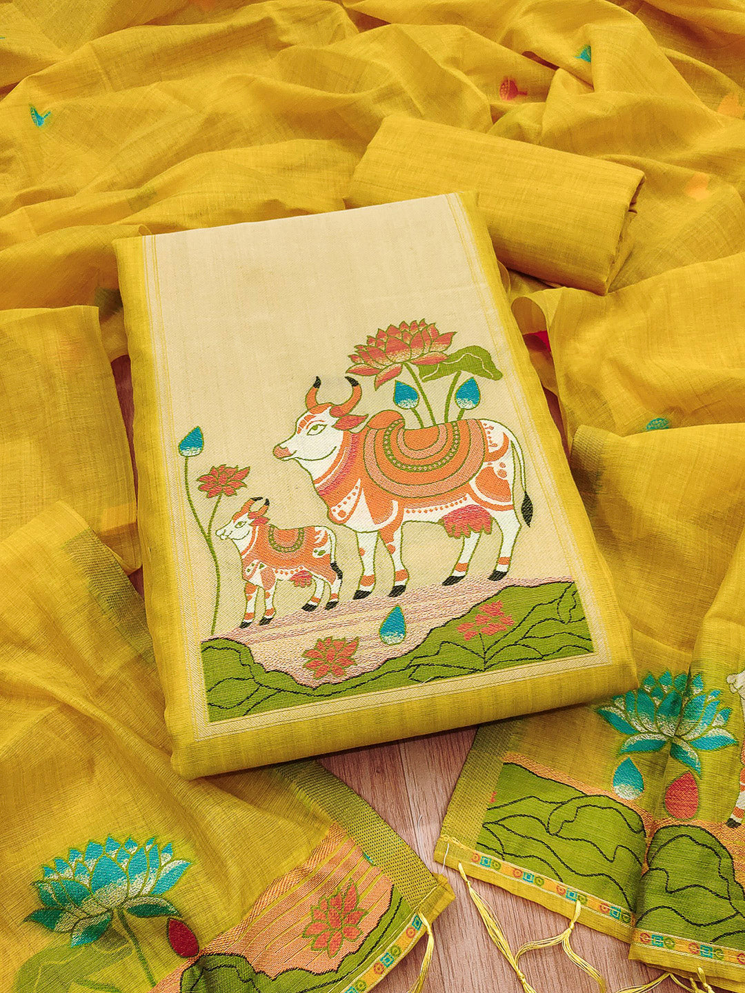 Yellow Muga Cotton Woven Design Unstitched Dress Material