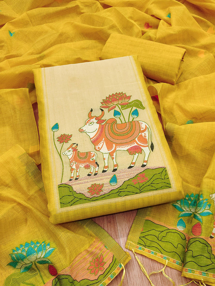 Yellow Muga Cotton Woven Design Unstitched Dress Material