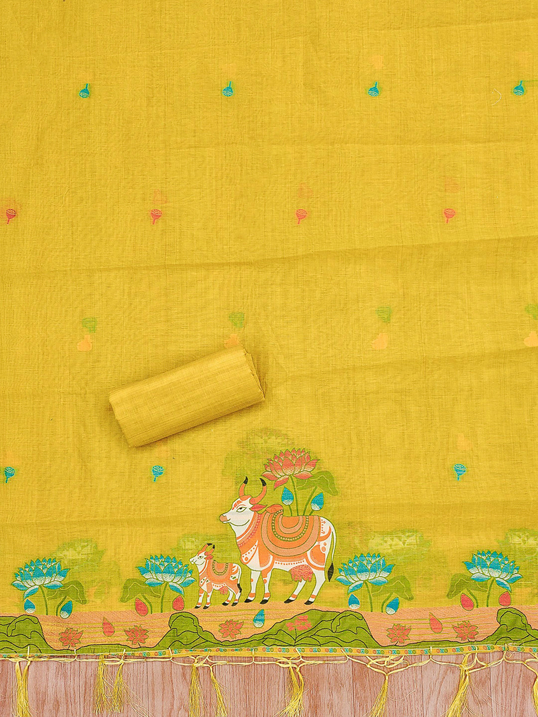 Yellow Muga Cotton Woven Design Unstitched Dress Material