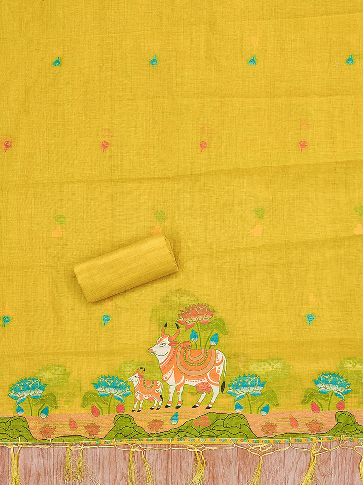 Yellow Muga Cotton Woven Design Unstitched Dress Material