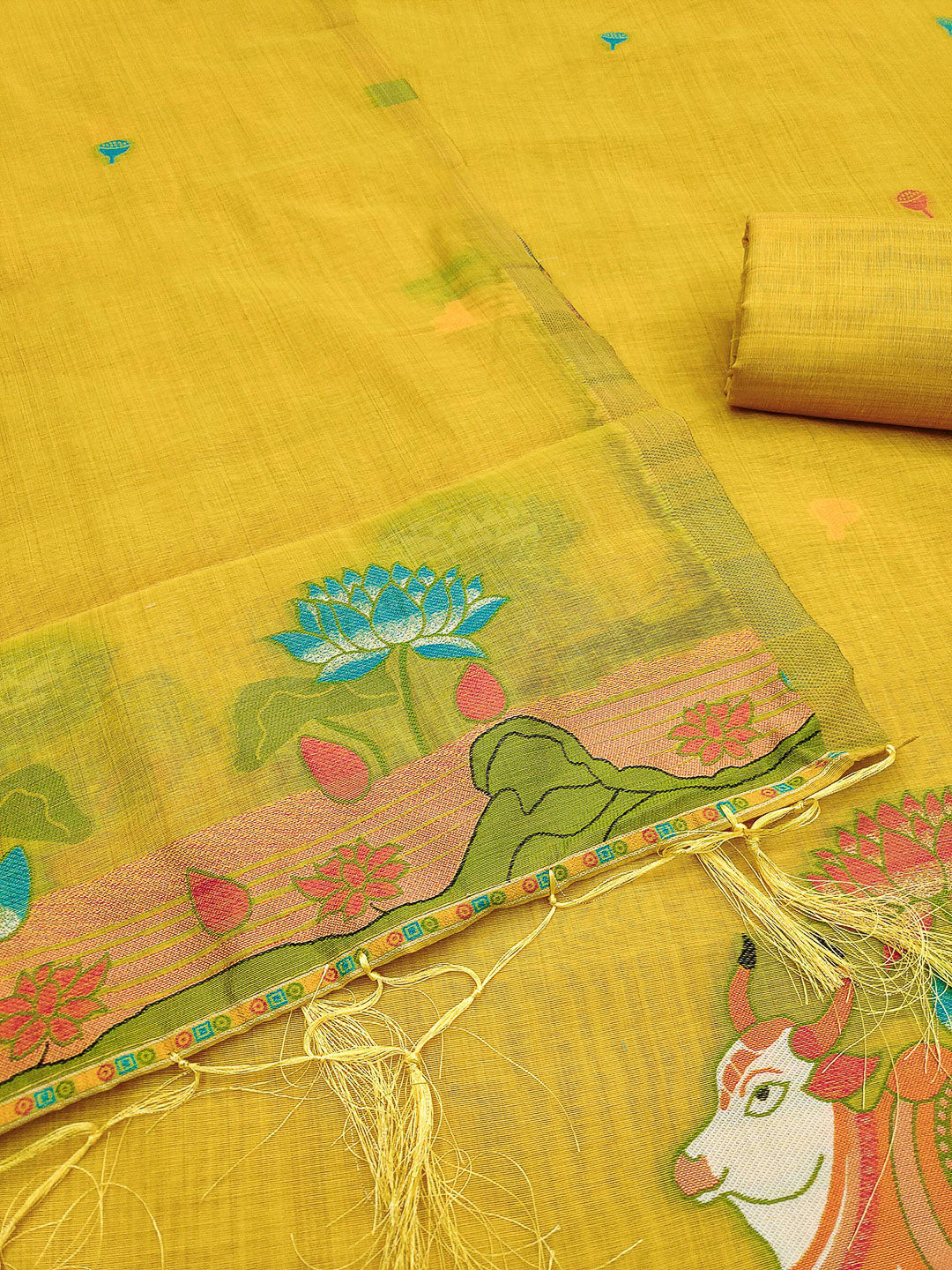Yellow Muga Cotton Woven Design Unstitched Dress Material