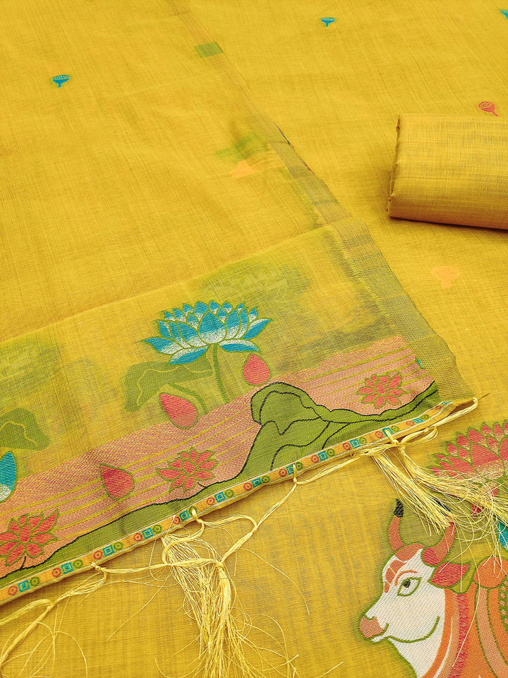 Yellow Muga Cotton Woven Design Unstitched Dress Material