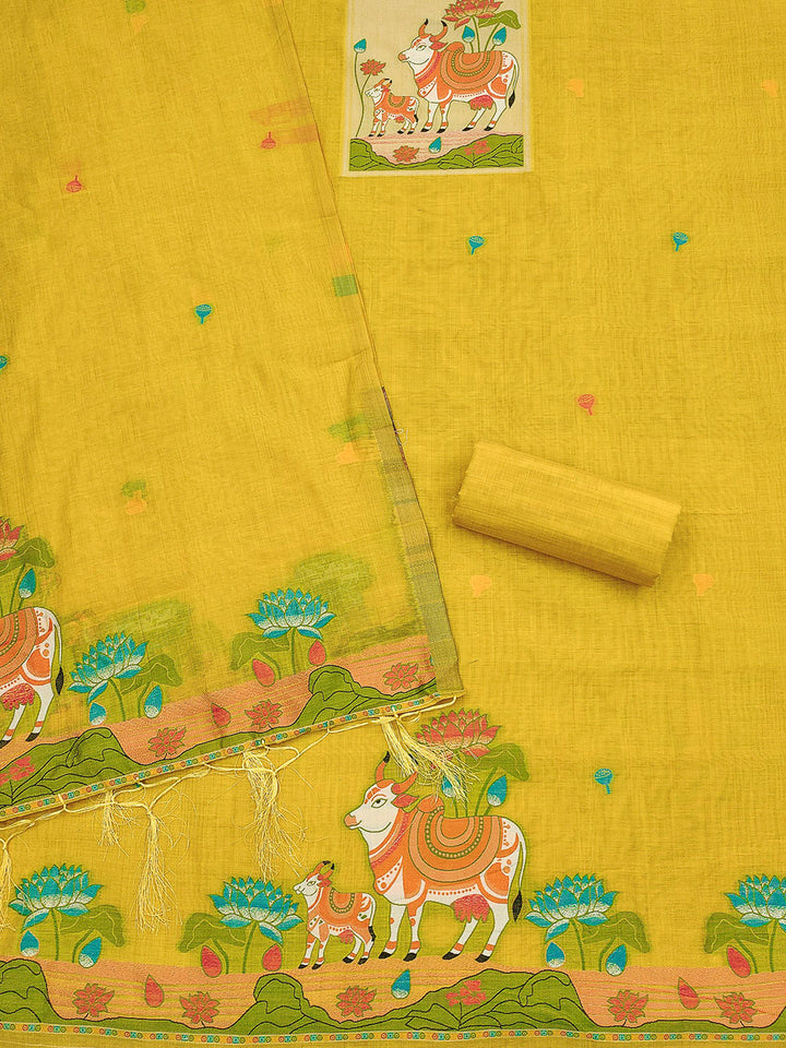 Yellow Muga Cotton Woven Design Unstitched Dress Material