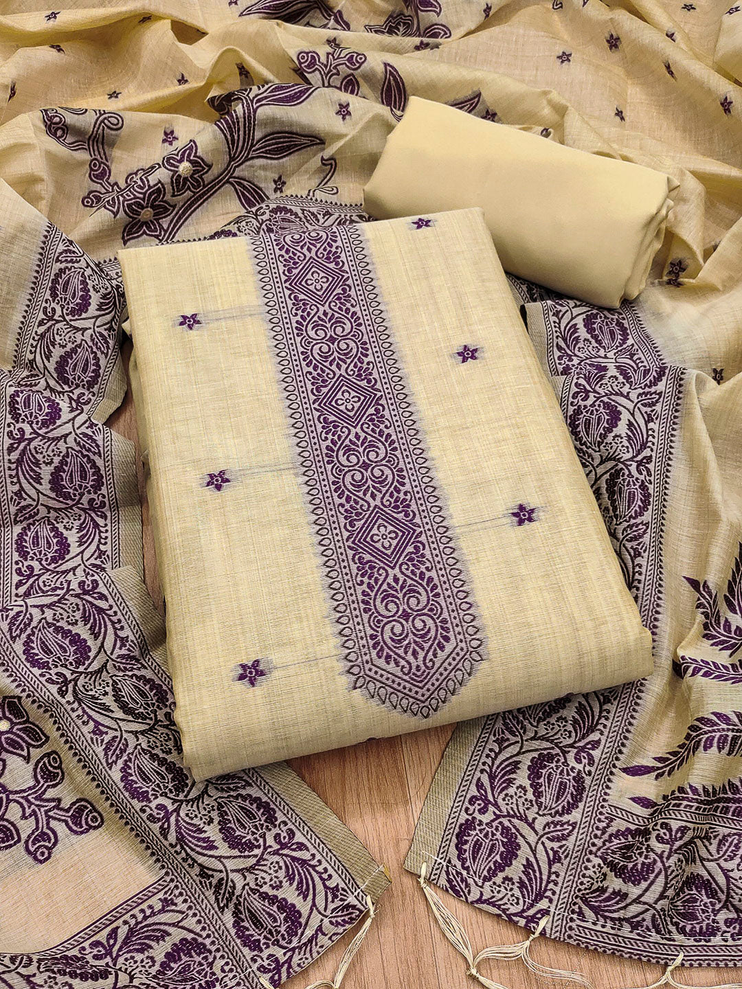 Cream Muga Cotton Woven Design Unstitched Dress Material