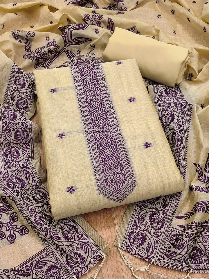 Cream Muga Cotton Woven Design Unstitched Dress Material