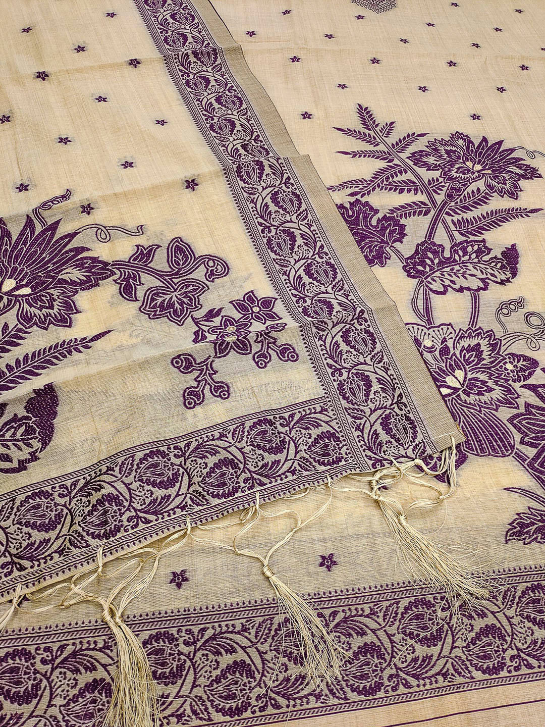 Cream Muga Cotton Woven Design Unstitched Dress Material