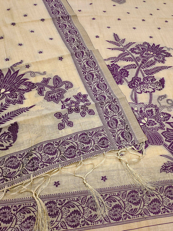 Cream Muga Cotton Woven Design Unstitched Dress Material