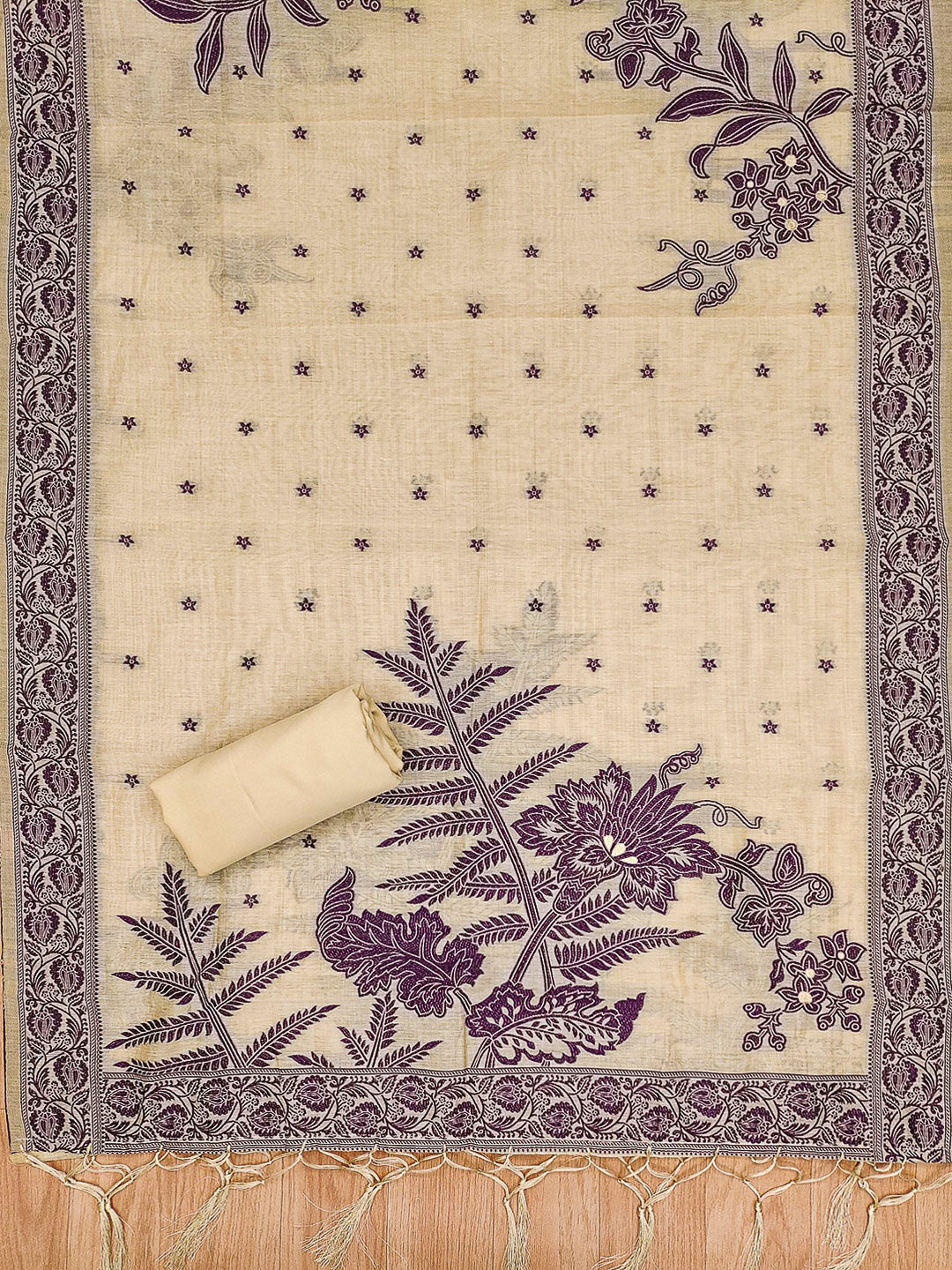 Cream Muga Cotton Woven Design Unstitched Dress Material