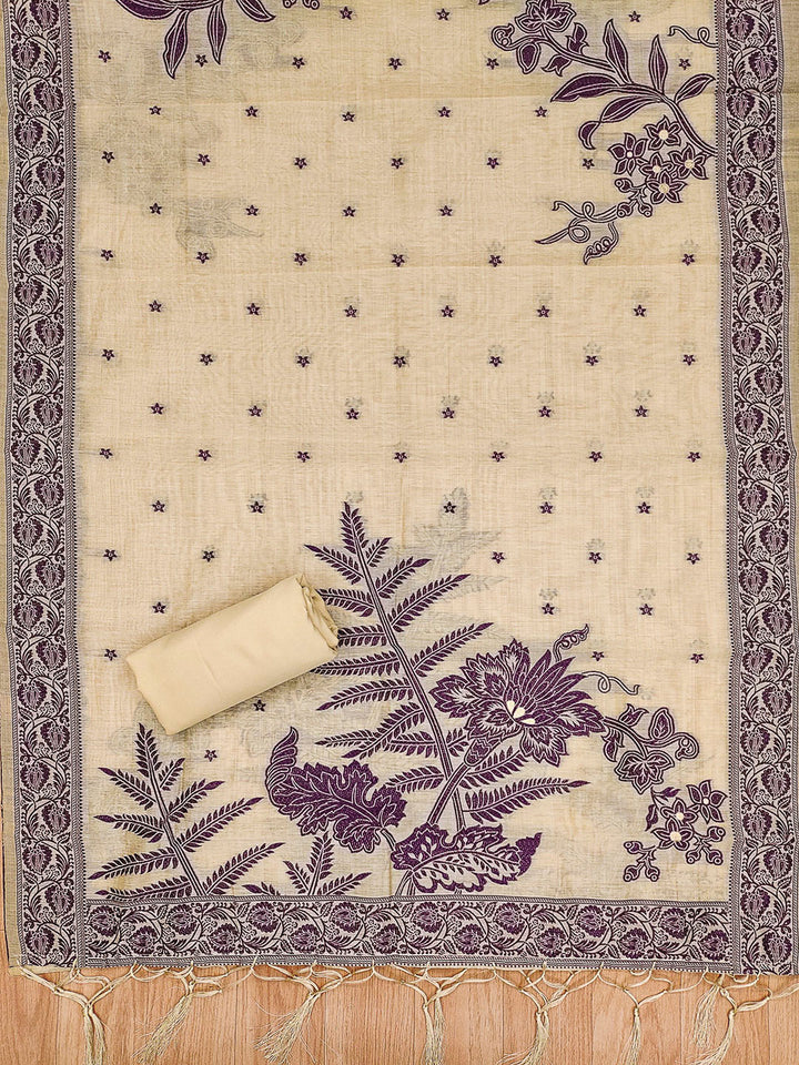 Cream Muga Cotton Woven Design Unstitched Dress Material