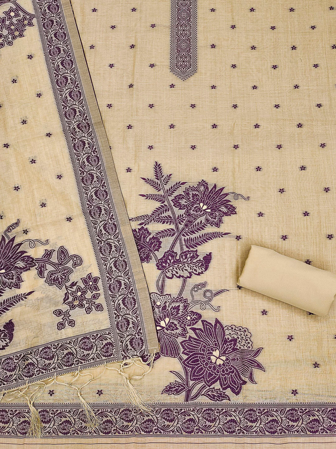 Cream Muga Cotton Woven Design Unstitched Dress Material
