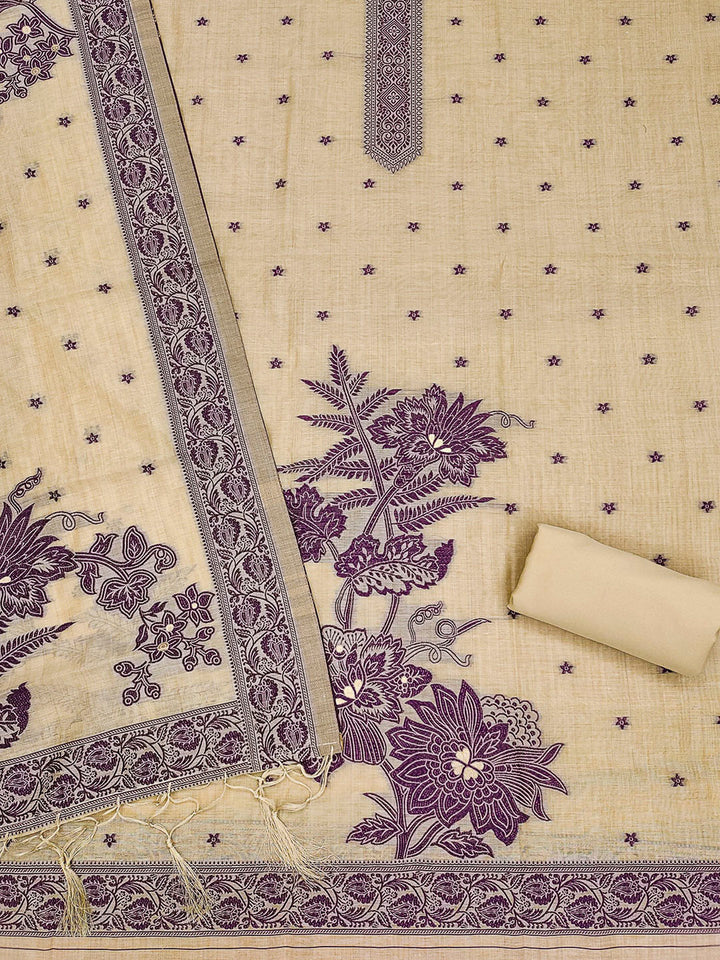 Cream Muga Cotton Woven Design Unstitched Dress Material