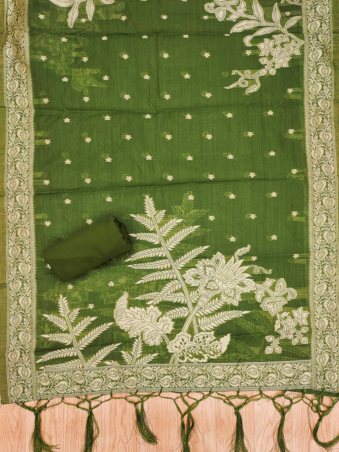 Mehndi Muga Cotton Woven Design Unstitched Dress Material