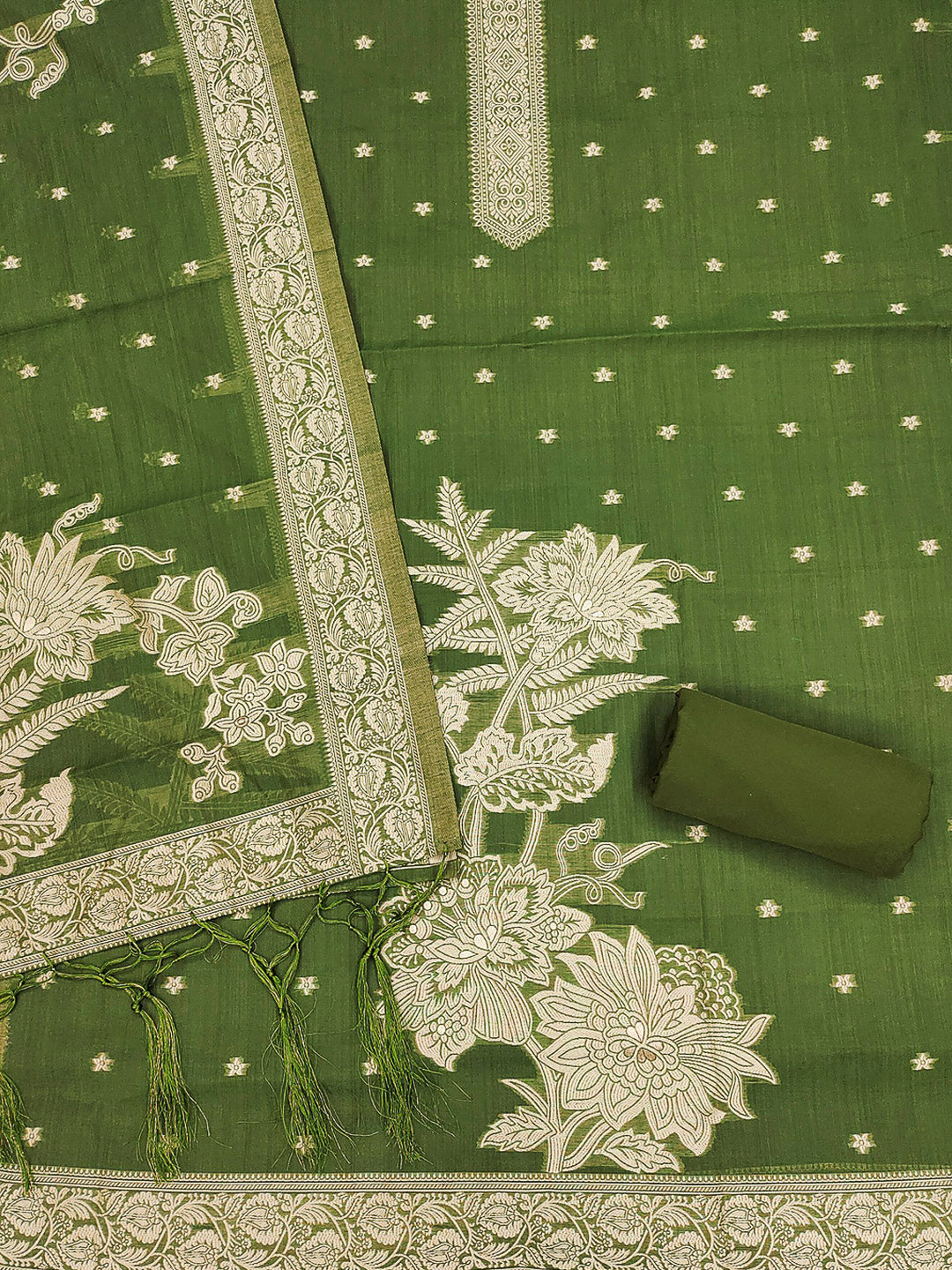 Mehndi Muga Cotton Woven Design Unstitched Dress Material