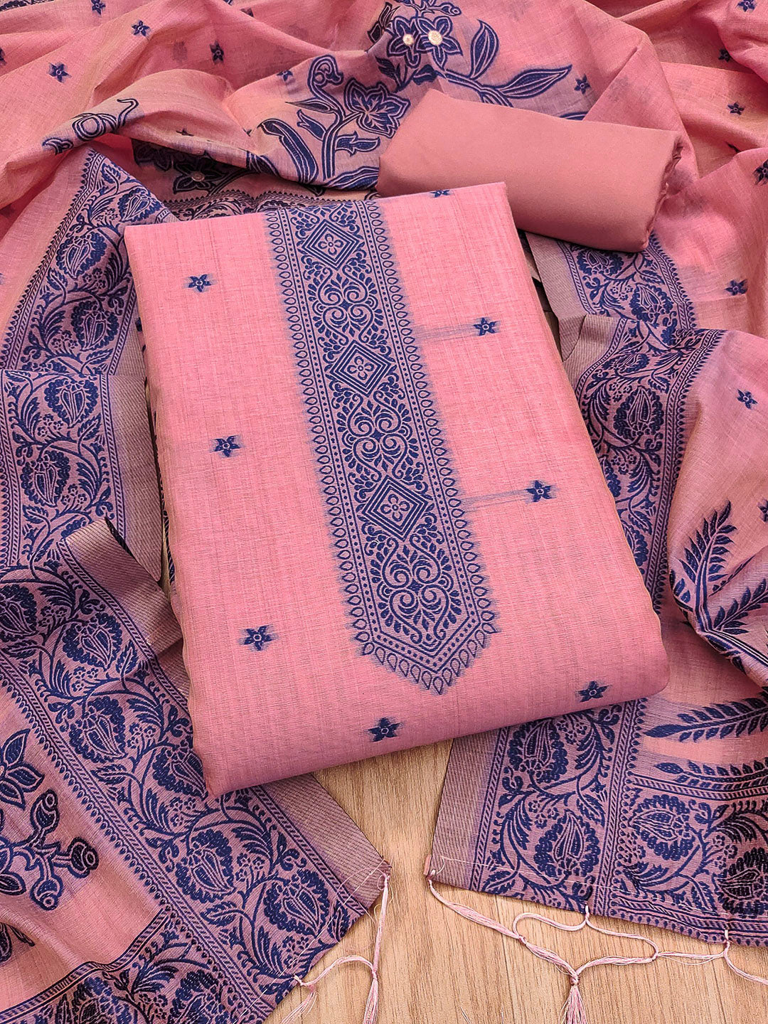 Pink Muga Cotton Woven Design Unstitched Dress Material