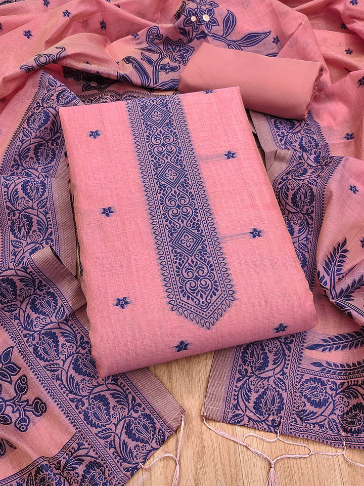 Pink Muga Cotton Woven Design Unstitched Dress Material