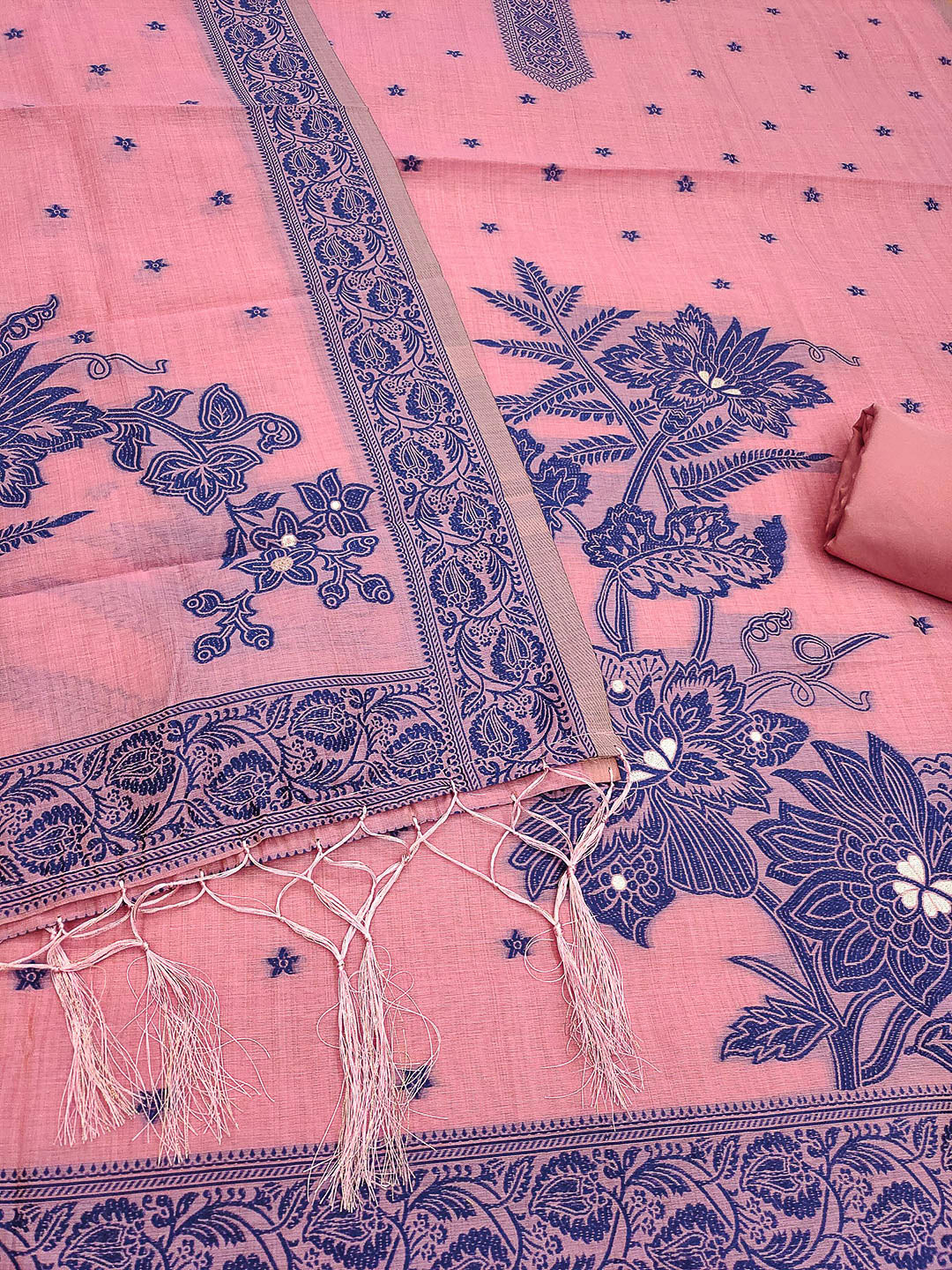 Pink Muga Cotton Woven Design Unstitched Dress Material