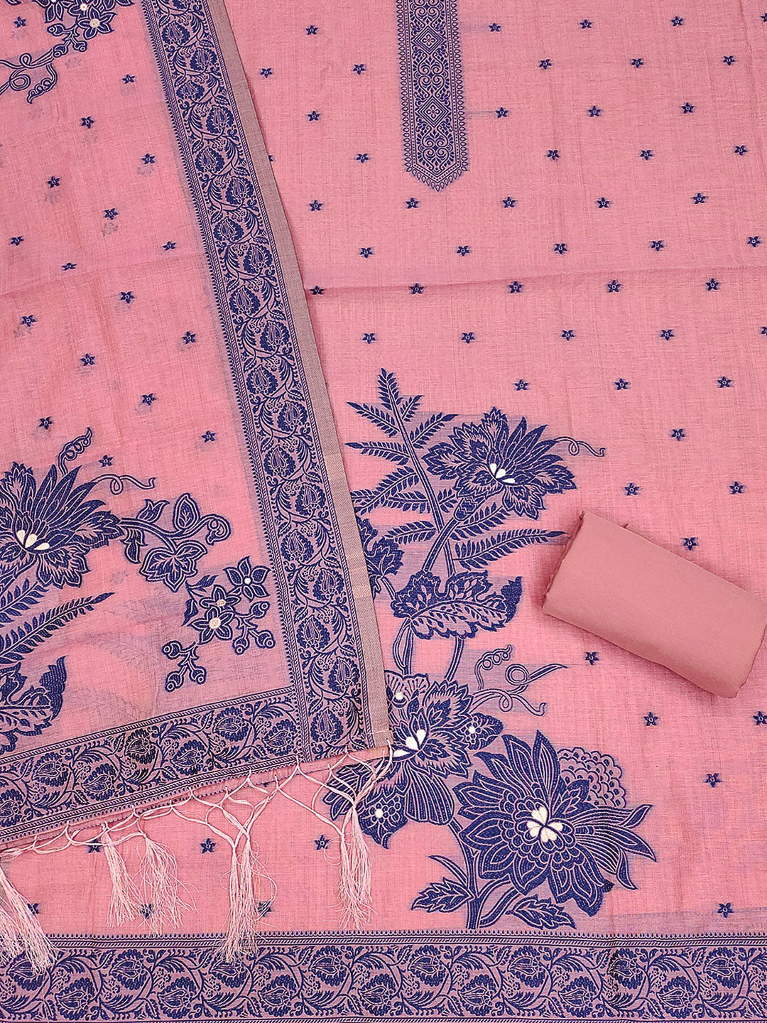 Pink Muga Cotton Woven Design Unstitched Dress Material