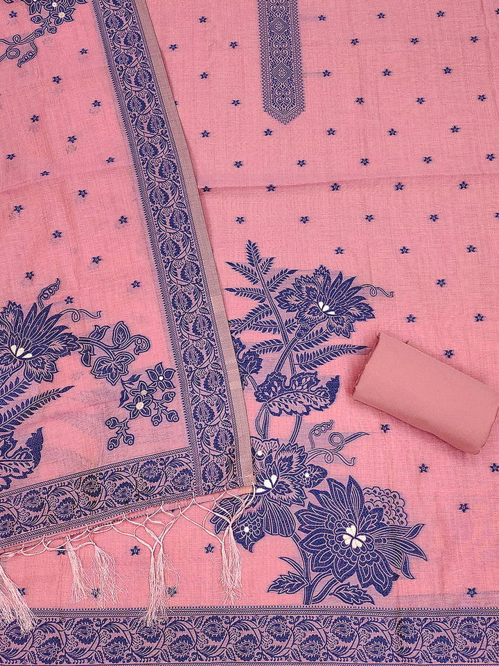 Pink Muga Cotton Woven Design Unstitched Dress Material