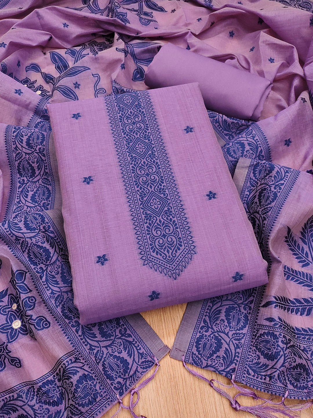 Purple Muga Cotton Woven Design Unstitched Dress Material