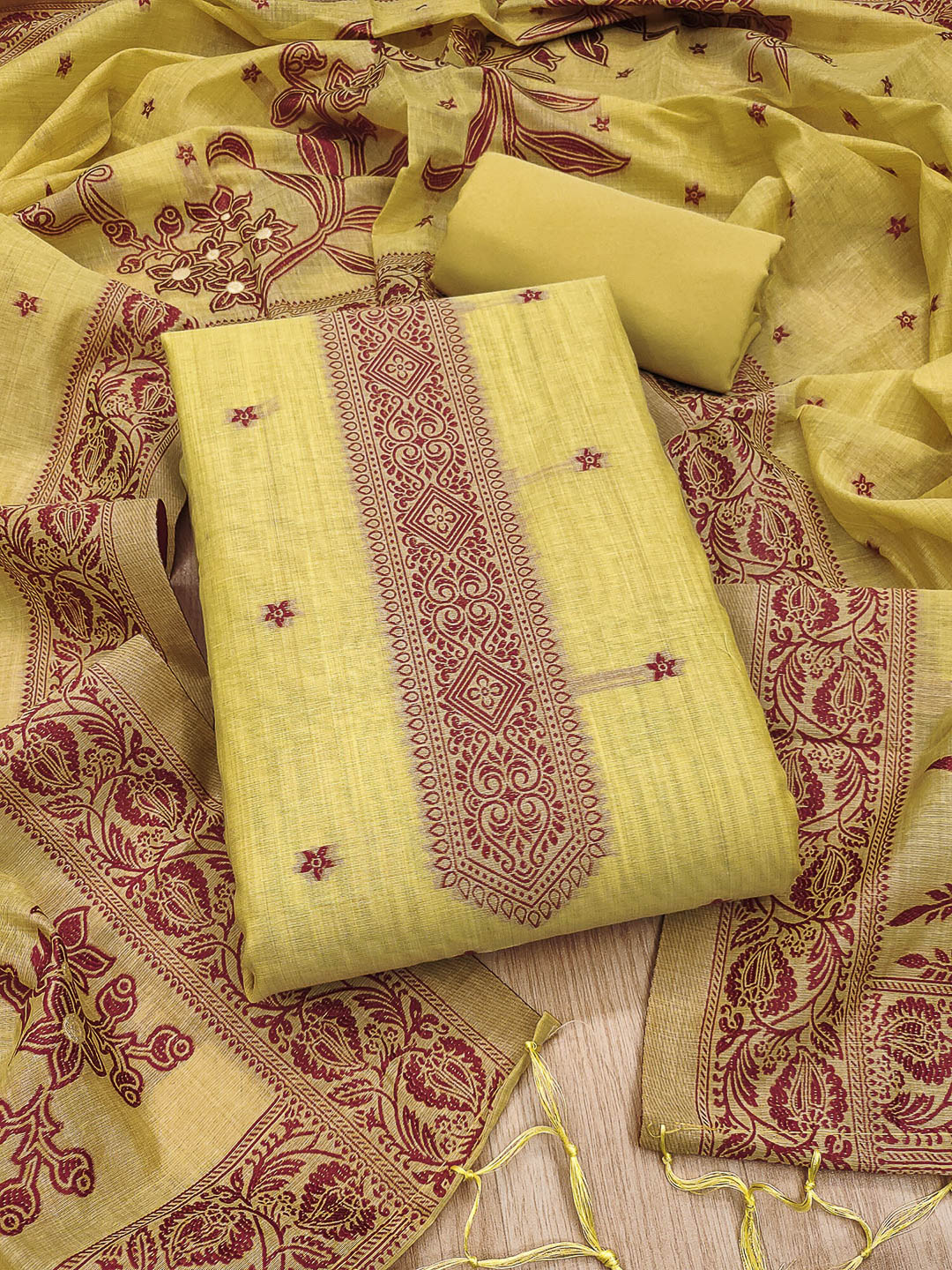 Yellow Muga Cotton Woven Design Unstitched Dress Material