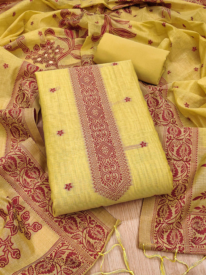 Yellow Muga Cotton Woven Design Unstitched Dress Material