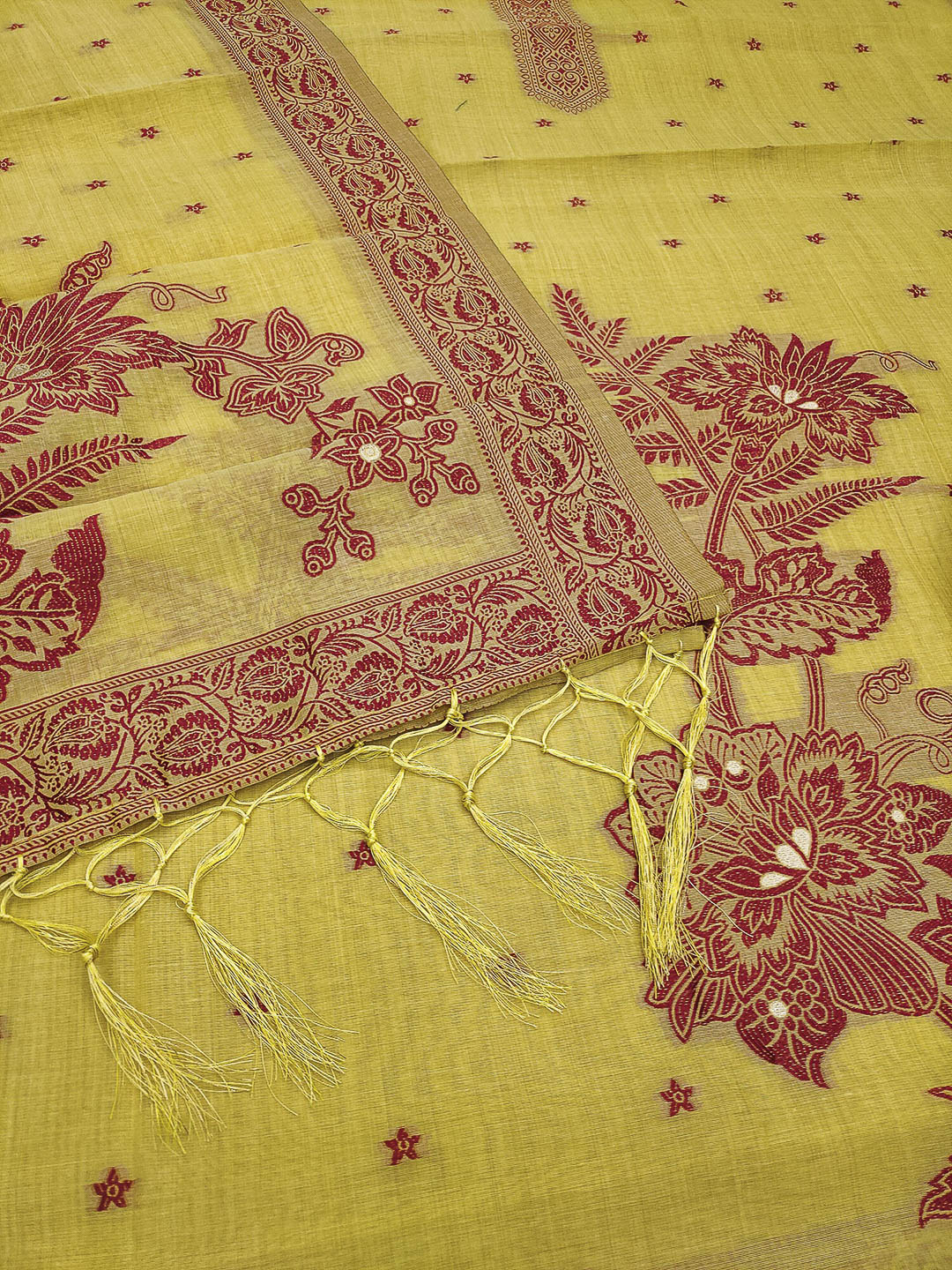Yellow Muga Cotton Woven Design Unstitched Dress Material
