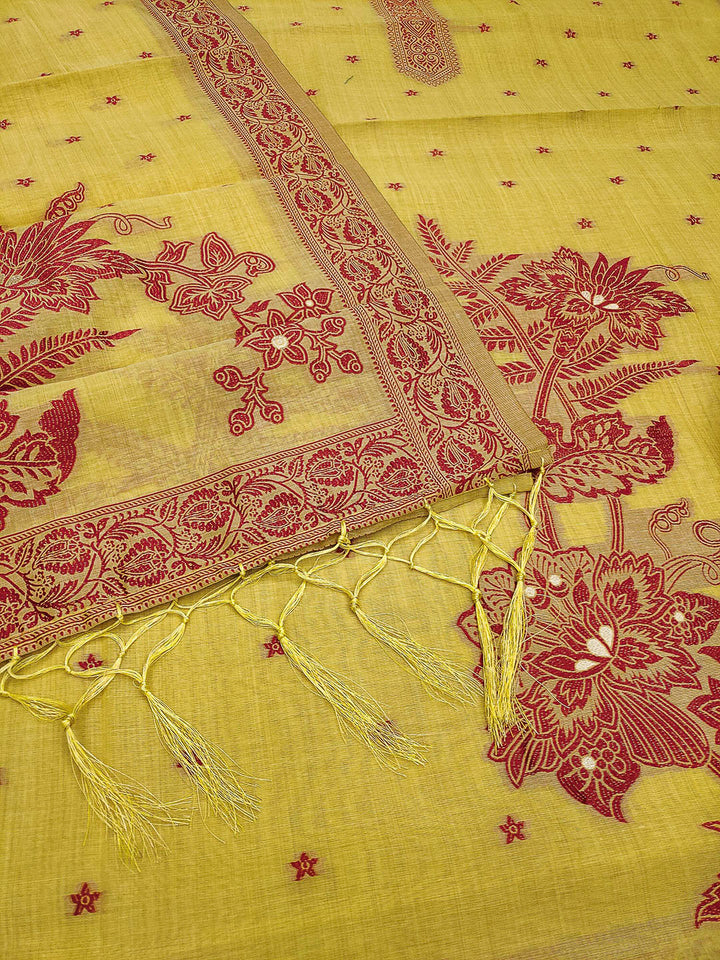 Yellow Muga Cotton Woven Design Unstitched Dress Material