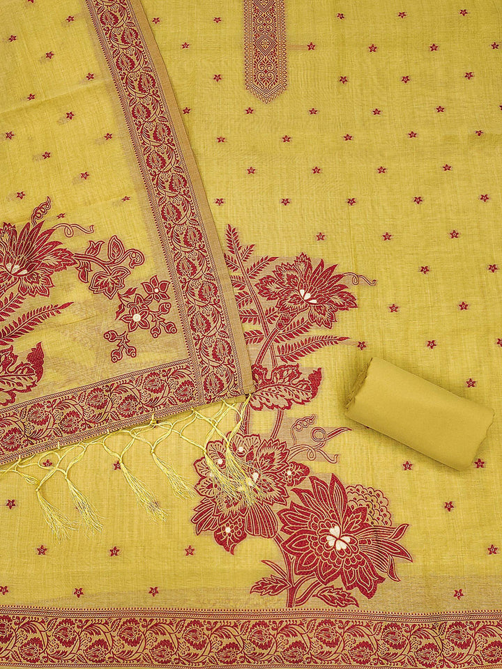 Yellow Muga Cotton Woven Design Unstitched Dress Material