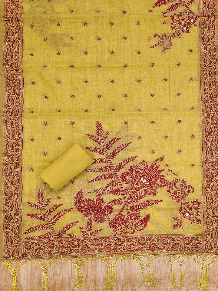 Yellow Muga Cotton Woven Design Unstitched Dress Material