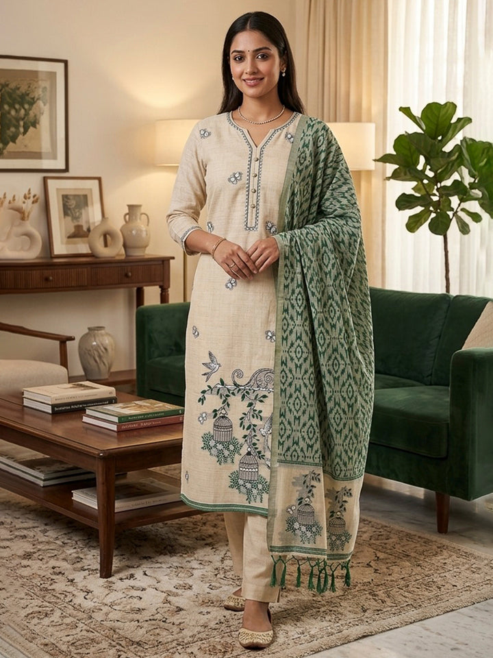 Cream-Bottle-Green Muga Cotton Woven Design Unstitched Dress Material