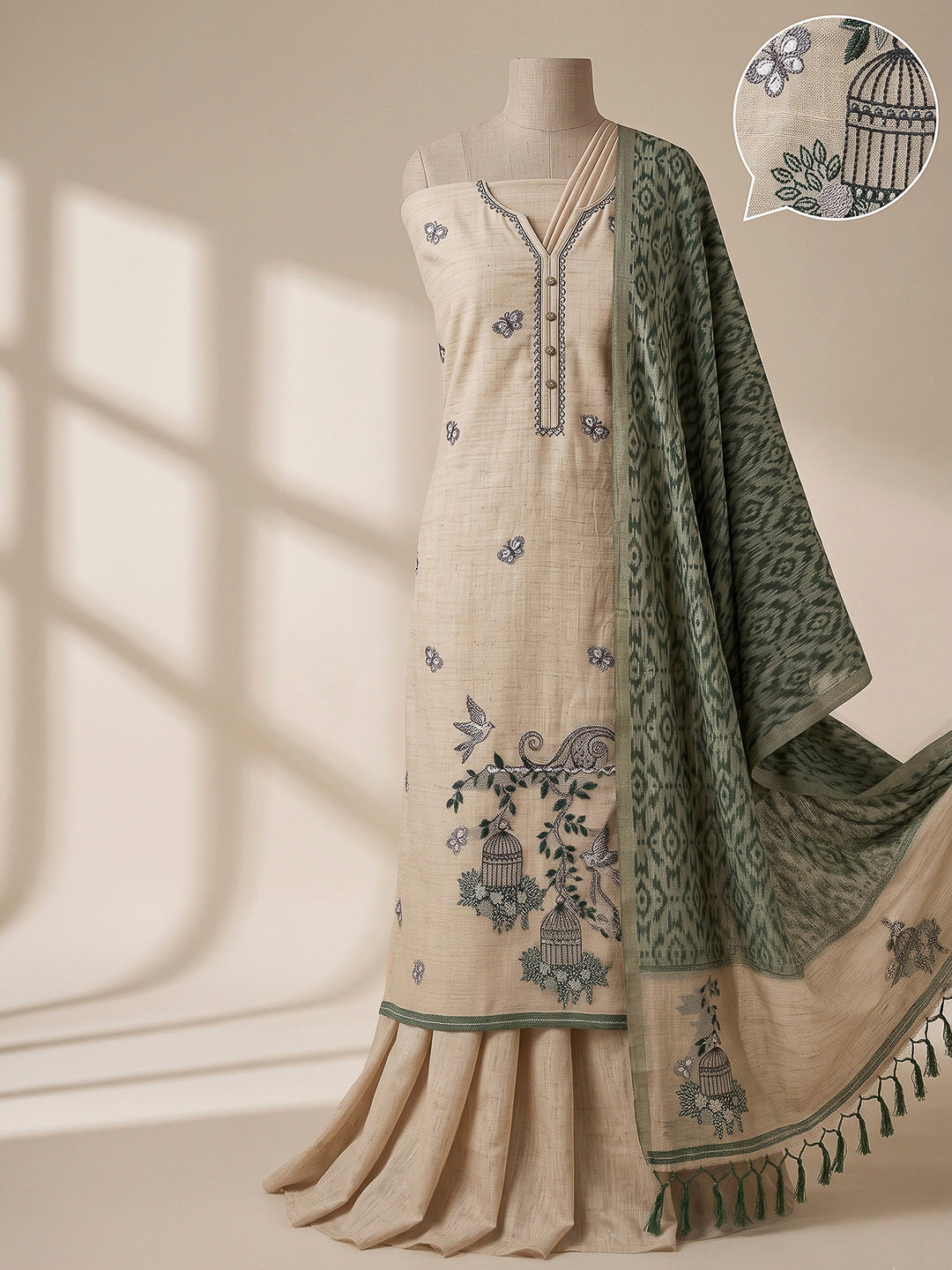 Cream-Bottle-Green Muga Cotton Woven Design Unstitched Dress Material