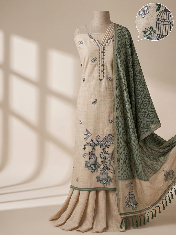 Cream-Bottle-Green Muga Cotton Woven Design Unstitched Dress Material
