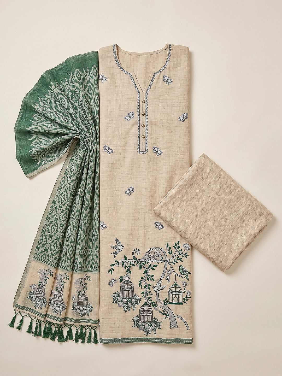 Cream-Bottle-Green Muga Cotton Woven Design Unstitched Dress Material